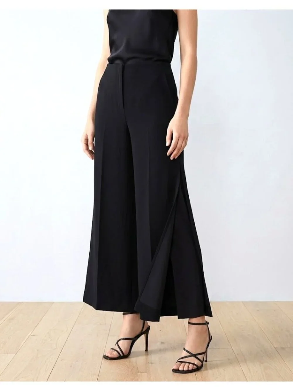 NWT Lafayette 148 Franklin in Black Finesse Crepe Wide Leg Slit Ankle Pants 12